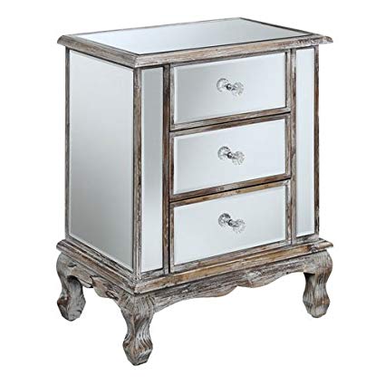 Convenience Concepts Gold Coast Collection 3-Drawer Mirrored End Table, Weathered White/Mirror