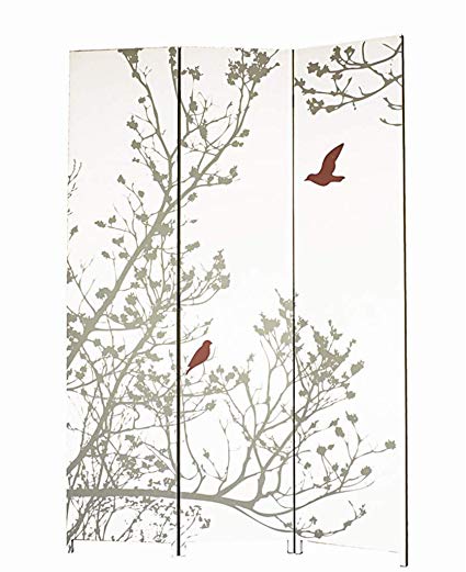 nexxt Bota Triple-Panel Floor Screen, 48 by 71 Inch, Taupe Branches and Red Birds