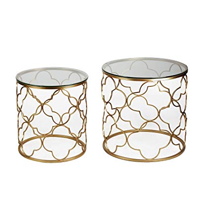 DecentHome Round Metal Nesting Side End Table with Glass Top (Gold, Set of 2)