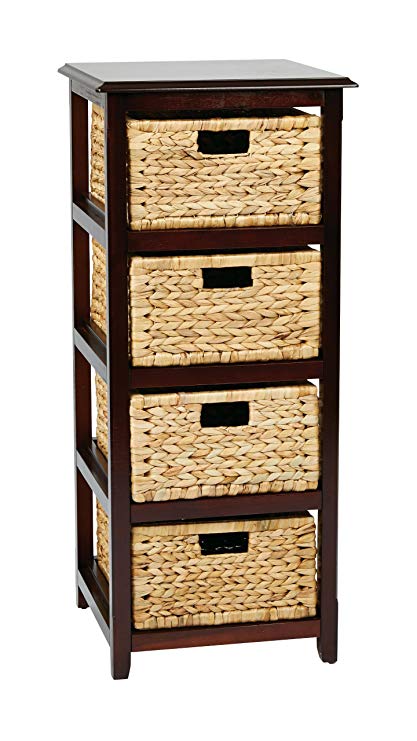 OSP Designs Office Star Seabrook 4-Tier Storage Unit with Natural Baskets, Espresso Finish