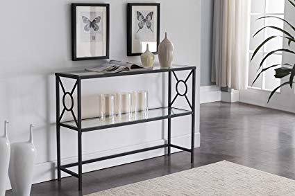 Kings Brand Loyd Texture Black Metal Entryway Console Sofa Table with Glass Shelf