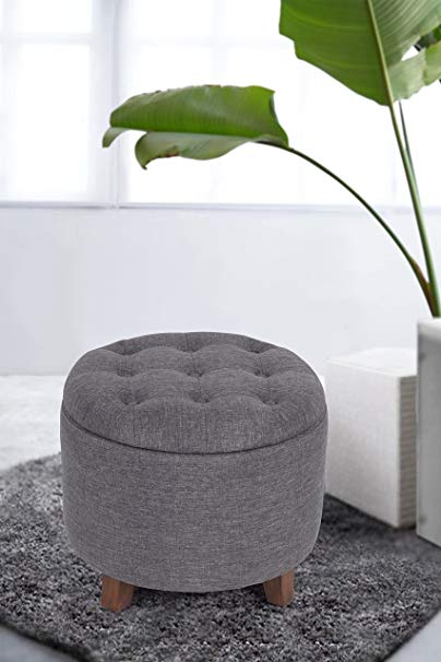 Fabric Round Storage Accent Button-Tufted Ottoman with Wooden Legs, Grey