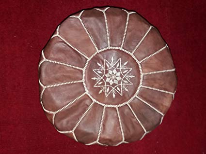 Stufed Leather Pouf , Ottoman, Moroccan Poof Tan & White