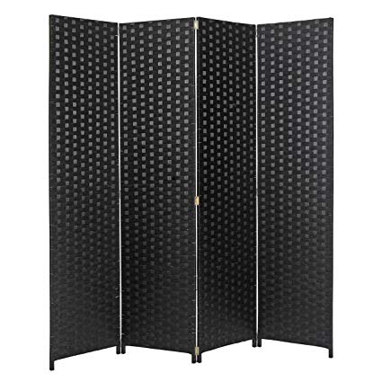 MyGift 4 Panel Hinged Room Divider, Woven Paper Rattan Privacy Screens, Black