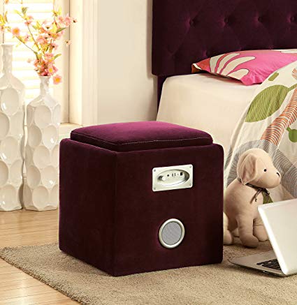 Furniture of America Addio Modern Flannelette Storage Ottoman with Bluetooth Speaker, Purple