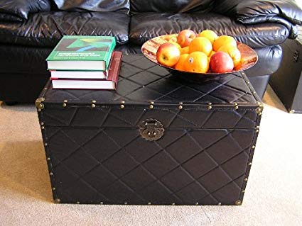 Black Faux Leather Chest Wooden Steamer Trunk - Large Trunk