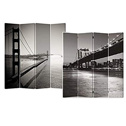 Roundhill Furniture 4-Panel Double Sided Painted Canvas Room Divider Screen, Black and White Bridge