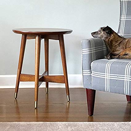 Mid-Century, Transitional End Table with Walnut Finish - 3184426. Tapered Legs Capped with Brass Finished Brackets and Cross Base for Aesthetics and Support. Assembly Required