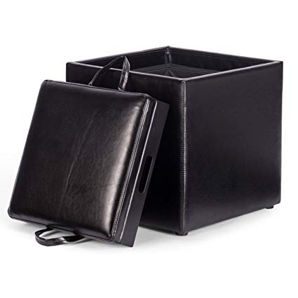 Giantex PU Leather Square Storage Ottoman Wood Seat Box with Serving Tray Footstool (Black)