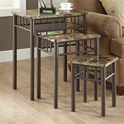 Monarch Specialties Bronze Metal Nesting Table Set with Cappuccino Marble Top, 3-Piece