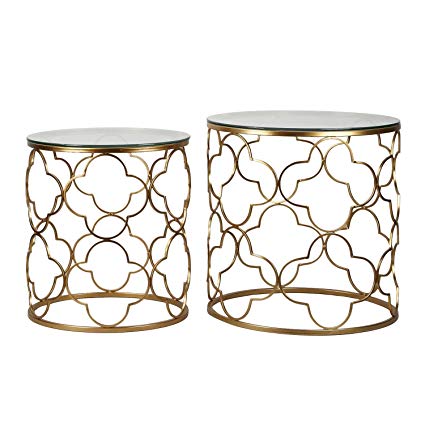 Joveco Gold End Table With Glass Top in Decorative Quatrefoil Metal Framework. Best For Living Room, Bed Side Table, Patio Garden End Table. Set of 2 Gold End Table.