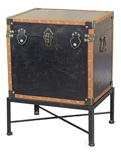 Vintiquewise QI003273L Faux Leather Trimmed Square Storage Trunk, End Table on Metal Stand