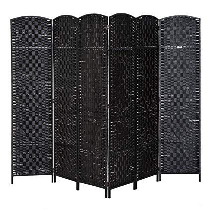 HomCom 6’ Tall Diamond Weave Woven Fiber Room Divider (Black, 6 Panel)