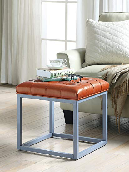 Iconic Home Newman Modern Tufted Orange Leather Metal Frame Square Cube Ottoman