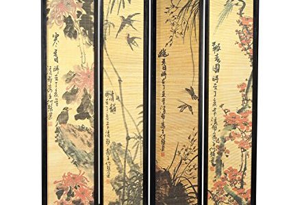 Decorative Chinese Calligraphy Design Wood & Bamboo Hinged 4 Panel Screen / Freestanding Room Divider, Black Frame Review