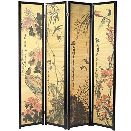 Decorative Chinese Calligraphy Design Wood & Bamboo Hinged 4 Panel Screen / Freestanding Room Divider, Black Frame