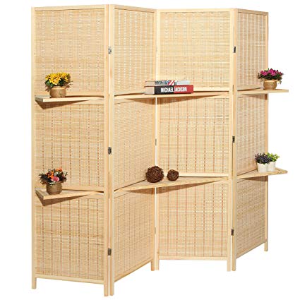 MyGift Deluxe Woven Beige Bamboo 4 Panel Folding Room Divider Screen w/Removable Storage Shelves