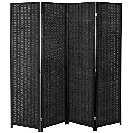 MyGift 4-Panel Woven Bamboo Folding Room Divider, Free Standing Portable Privacy Screen, Black