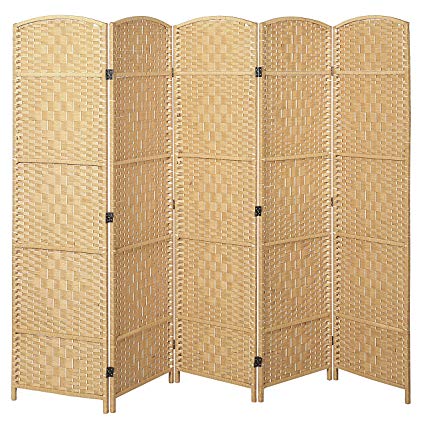 Handwoven Bamboo 5 Panel Partition Semi-Private Room Divider with Dual Hinges, Beige