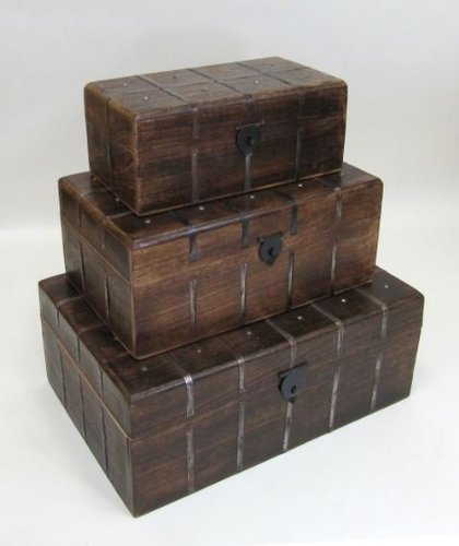 Hardwood Pirate Chests Box W/ Iron Strips Set of Three - 12