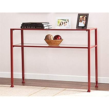 Pemberly Row Glass Top Metal Console Table in Red