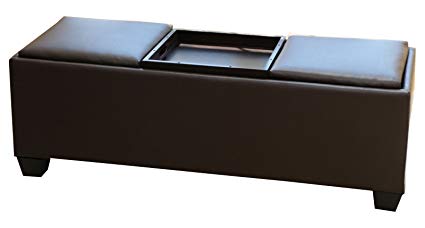 Faux Leather Rectangular Coffee Espresso Storage Ottoman with 3 Serving Trays Tops