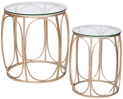 Joveco Golden Modern Designed Accent Metal Nesting Round Drum End Table with Glass Top, Set of 2