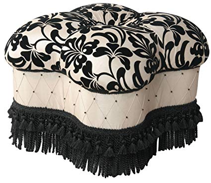 Jennifer Taylor Home Yorke Collection Gothic Design Hand Tufted, Sewn, Beading and Trim Tassels Round Luxury Ottoman, Floral Print/Black/White