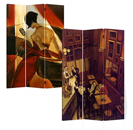 Roundhill 3-Panels Double Sided Canvas Painting Room Divider Screen, Night at Bar