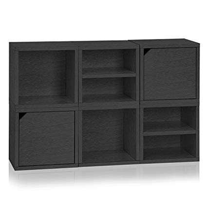 Way Basics 6 ​Modular 3​-​in​-​1 Shelf Connect Cube Storage System, Black Wood Grain (made from sustainable non-toxic zBoard paperboard)