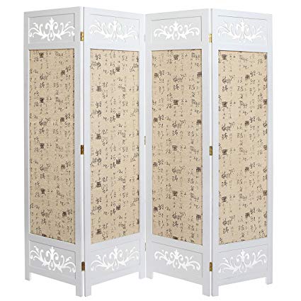 MyGift Asian Oriental Design Large White & Beige Wooden 4 Panel Folding Room Divider/Indoor Privacy Screen