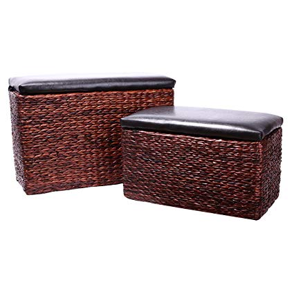 Eshow Ottoman Rattan Ottoman with Storage Hassocks and Ottomans Foot Rest Pouf Ottoman Foot Stools Cube Decoration Furniture Leather Ottoman Seating Storage Bench Ottoman with Tray 2-Piece,Brown