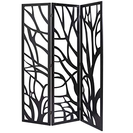 MyGift Wood Tree Silhouette 3 Panel Screen, Decorative Room Divider, Black