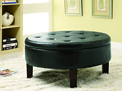 Coaster Casual Dark Brown Faux Leather Round Upholstered Storage Ottoman with Tufted Top