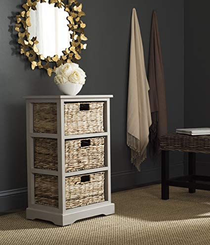 Safavieh American Homes Collection Halle Vintage White 3 Wicker Basket Storage Side Table