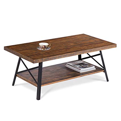 PrimaSleep Famille 46''W Solid Wood Top & Steel Legs Cocktail Table/Coffee Table/Side Table/End Table/Sofa Table/Dining Table/Vanity Table/Computer Table/Garden Table, (Rustic Brown)