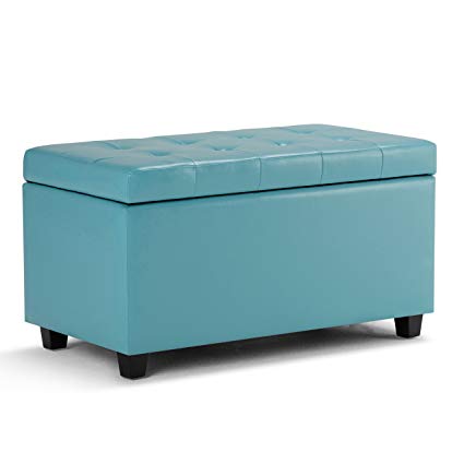 Simpli Home Cosmopolitan Faux Leather Rectangular Storage Ottoman Bench, Soft Blue